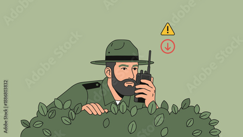 Park Ranger Communicating Safety Alert Hidden Behind Foliage Illustration