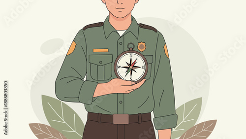 Park Ranger Demonstrates Direction with Compass in Nature Illustration