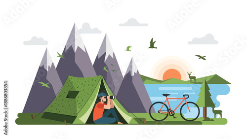 Person Camping, Taking Photos Of Nature And Relaxing With Bike Near Mountain