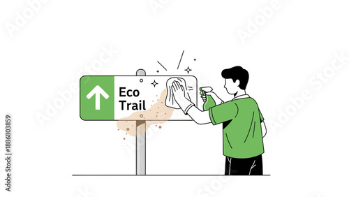 Person Cleaning Eco Trail Sign Promoting Environmental Awareness on Green Tourism Path