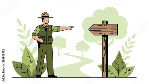 Park Ranger Directing Path On Trail With Wooden Directional Sign Vector