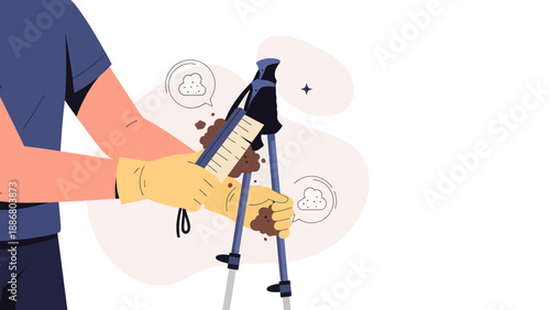 Person Cleans Hiking Poles After Outdoor Adventure With a Brush Carefully