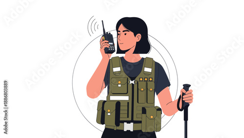 Person Communicating With Walkie Talkie During Adventure Sporting For Safe And Quick Help