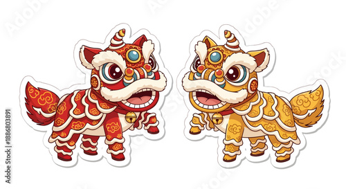 Colorful Chinese Lion Dance Mascots with Decorative Costumes