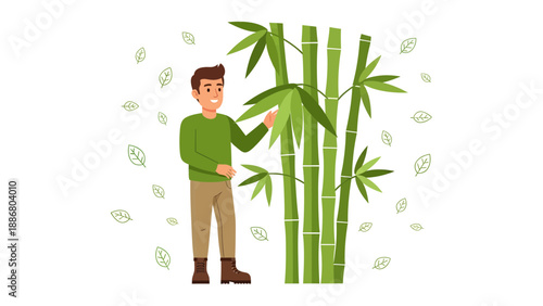 Person Enjoying Nature Beside The Bamboo Plant In Verdant Green Minimalist Design