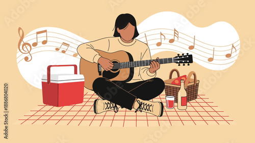 Person Enjoying Outdoor Picnic Playing Guitar In Relaxing Summer Afternoon