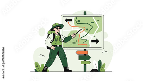 Park Ranger Explaining Route On Map Board During Hike