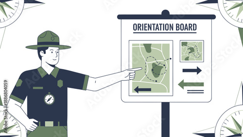 Park Ranger Explaining Trail Map With Compass On White Background Illustration