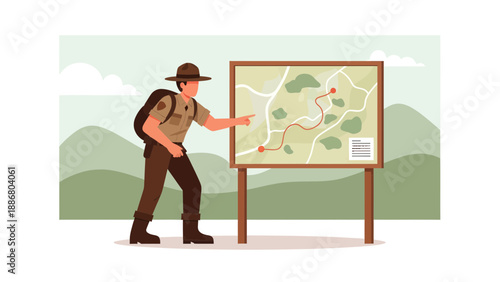 Park Ranger Explaining Trail Map in Nature Destination for Tourist Recreation