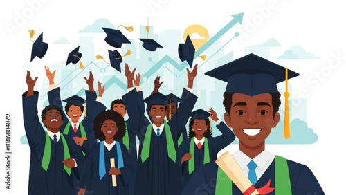 Diverse group of graduates celebrating throwing caps in air smiling graduation day academic achievement university commencement happy students graduation ceremony educational