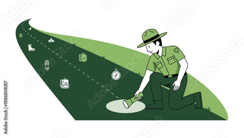 Park Ranger Exploring Nature With Flashlight On Forest Trail Illustration