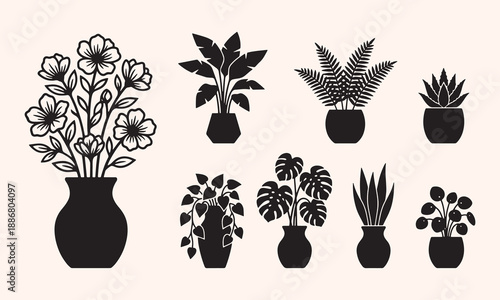 Black silhouettes of various potted plants and flowers on a beige background for decoration
