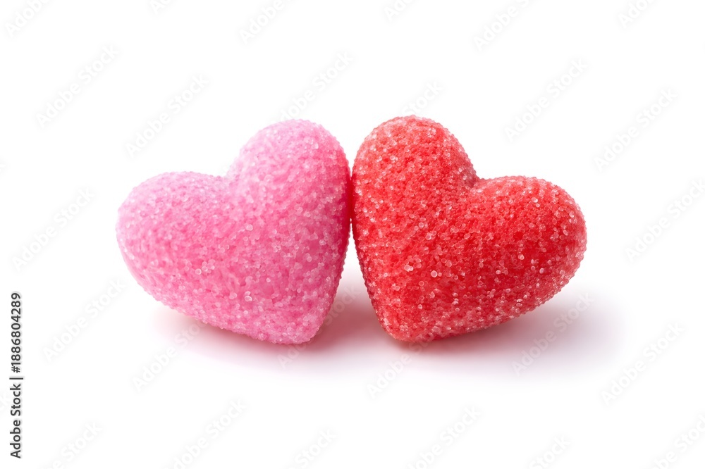 Obraz premium Two red and pink hearts side by side on a plain white background, symbolizing love and affection internation kissing day celebrate. 