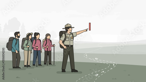 Park Ranger Guiding Hikers On Trail With Backpacks In Natural Setting Outdoors