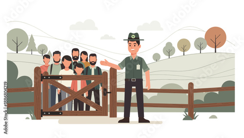 Park Ranger Guiding Visitors Group Through Picturesque National Park Entrance Gate