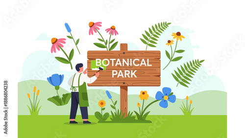Person Painting Signboard In The Garden Full Of Flowers And Blooming Plants