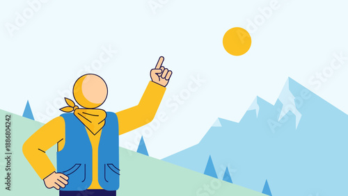 Person Pointing Toward Sun Above Mountain Peaks Adventure Awaits