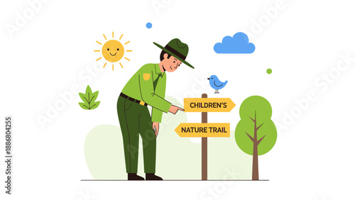 Park Ranger Indicates Nature Trail For Children Education Adventure