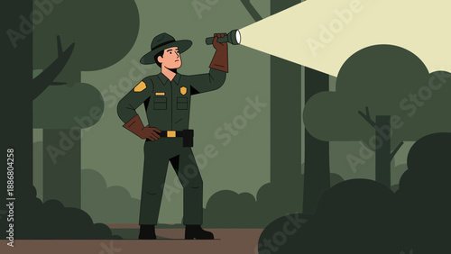 Park Ranger Illuminating Forest With Flashlight On Duty And Exploring Nature