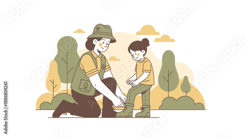 Park Ranger Helping a Little Girl with Her Boots Before Hiking Adventure