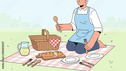 Person Preparing A Picnic With Wicker Basket And Refreshments In Summer Outdoors
