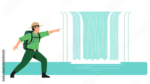 Park Ranger Indicating Direction Near Scenic Cascade And Natural Landscape