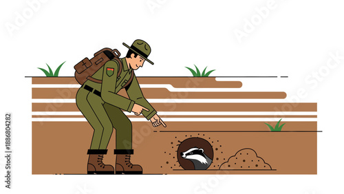 Park Ranger Inspecting A Badger Burrow Illustration For Nature Conservation