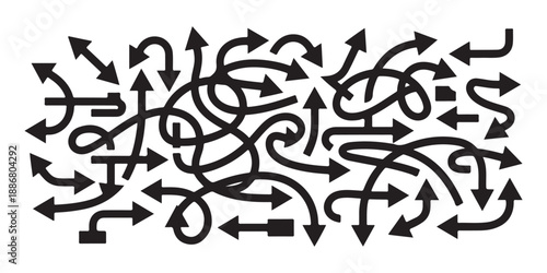 Intricate tangle of interconnected arrows suggesting complexity and network on white background