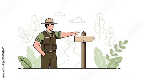 Park Ranger Pointing Towards Direction Sign Amidst Nature Adventure Concept