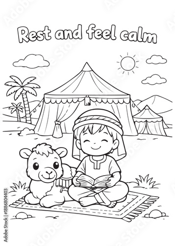 coloring book young child resting on a mat with a cute camel near tents, feeling calm and peaceful