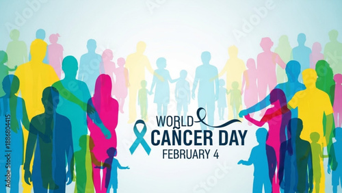 World cancer day awareness campaign with diverse crowd and blue ribbon on february 4th