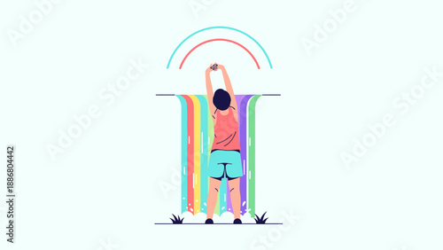 Person Stretching Arms Reaching Rainbows Colorful Expression Flat Graphic Vector