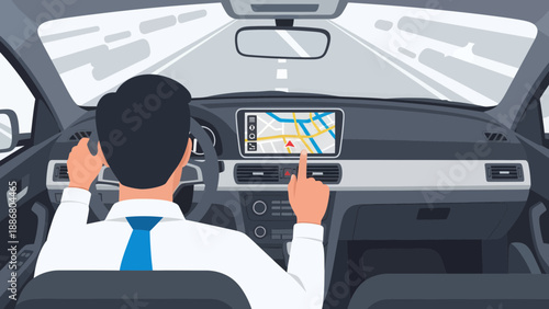 Person Using Car Navigation System For Journey Illustration Modern Technology