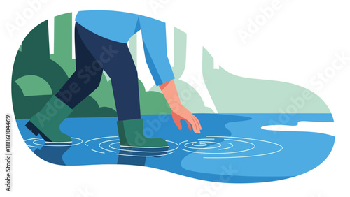 Person Walking In Shallow Water Creates Ripple Effects On A Calm Day