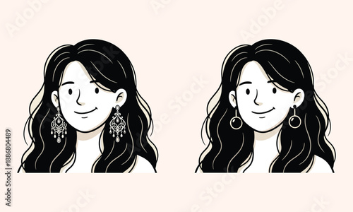Two smiling women with long wavy hair and elegant earrings on light background