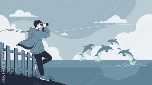 Person Watching Dolphins Leaping From The Ocean Through Binoculars Coastal Scene