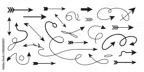Set of black hand drawn doodle arrows isolated on white background indicating different directions or flow