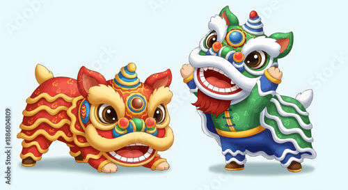Colorful Chinese Lion Dance Masks with Traditional Decorations