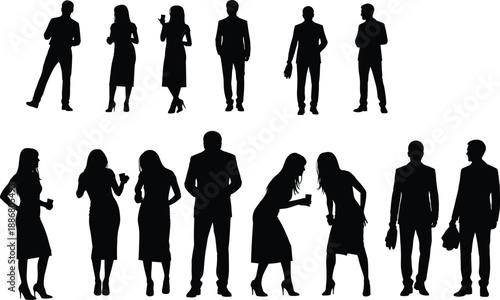 Business people silhouettes set showing men and women standing, talking, holding drinks, social interaction poses, professional lifestyle isolated on white background