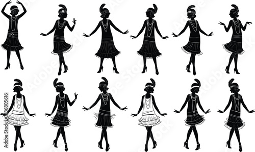 1920s flapper dancer silhouettes collection showing women performing Charleston jazz dance, vintage costumes, retro party style isolated on white background