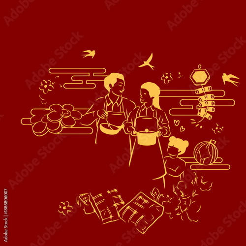 Happy family cooking traditional food for Lunar New Year celebration