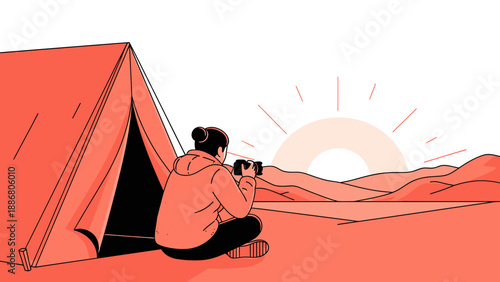 Photographer Capturing Sunrise From Campsite In The Desert Landscape Vector Illustration