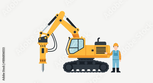 Powerful Construction Breaker Excavator And Worker Standing By Industrial Site