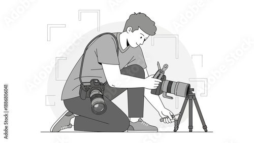 Photographer Maintaining Camera Equipment With a Multi Tool Device at Work