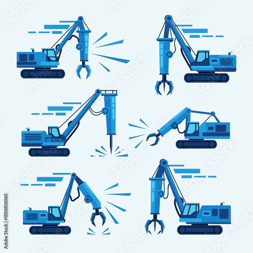 Powerful Construction Demolition Machinery With Excavators And Hydraulic Breakers Vector Collection
