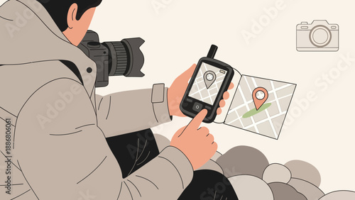 Photographer Planning A Location Shoot Using A Map And A Gps Device