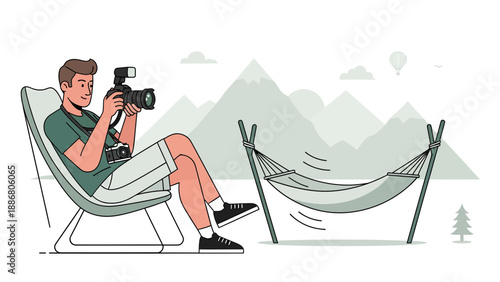 Photographer Relaxing In Chair Capturing Mountain Views With Scenic Hammock