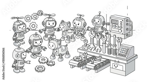 Robots: The image shows a group of robots with equipment.
