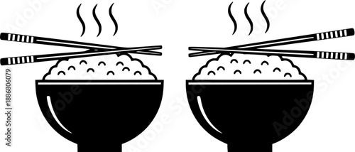 Two steaming bowls of rice with chopsticks a minimalist design silhouette
