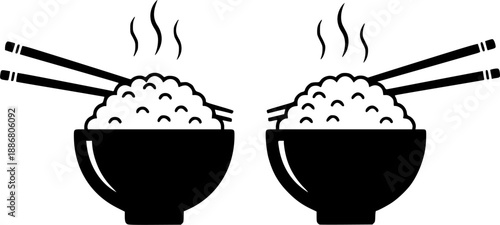 Two steaming bowls of rice with chopsticks a minimalist design silhouette
